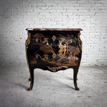 Load image into Gallery viewer, Mid Century Bombe Louis XV Style Black Lacquer Wood Chest of Drawers