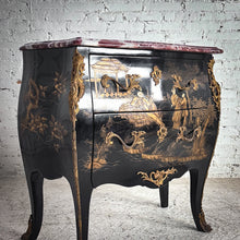 Load image into Gallery viewer, Mid Century Bombe Louis XV Style Black Lacquer Wood Chest of Drawers