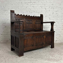 Load image into Gallery viewer, Gothic Revival Carved Oak Storage Settle Bench