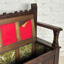 Load image into Gallery viewer, Gothic Revival Carved Oak Storage Settle Bench