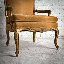 Load image into Gallery viewer, Louis XV Style Suede Antiqued Walnut Armchair