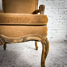 Load image into Gallery viewer, Louis XV Style Suede Antiqued Walnut Armchair