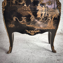 Load image into Gallery viewer, Mid Century Bombe Louis XV Style Black Lacquer Wood Chest of Drawers