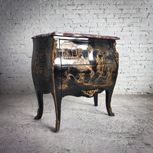 Load image into Gallery viewer, Mid Century Bombe Louis XV Style Black Lacquer Wood Chest of Drawers