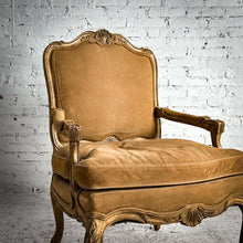 Load image into Gallery viewer, Louis XV Style Suede Antiqued Walnut Armchair