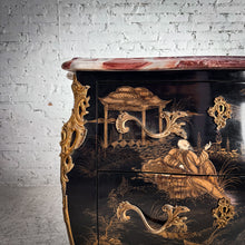 Load image into Gallery viewer, Mid Century Bombe Louis XV Style Black Lacquer Wood Chest of Drawers