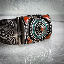 Load image into Gallery viewer, Antique Tibetan Hand Painted Sterling Silver Tibet Coral &amp; Turquoise Bangle

