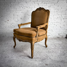 Load image into Gallery viewer, Louis XV Style Suede Antiqued Walnut Armchair