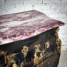 Load image into Gallery viewer, Mid Century Bombe Louis XV Style Black Lacquer Wood Chest of Drawers