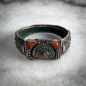 Antique Tibetan Hand Painted Sterling Silver Tibet Coral & Turquoise Bangle