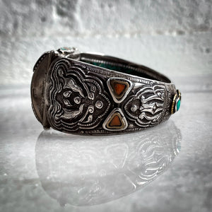 Antique Tibetan Hand Painted Sterling Silver Tibet Coral & Turquoise Bangle
