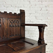 Load image into Gallery viewer, Gothic Revival Carved Oak Storage Settle Bench