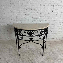 Load image into Gallery viewer, Spanish Revival Travertine and Iron Demilune Console Table