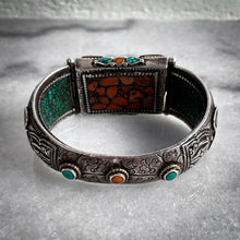 Load image into Gallery viewer, Antique Tibetan Hand Painted Sterling Silver Tibet Coral &amp; Turquoise Bangle
