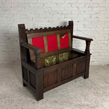 Load image into Gallery viewer, Gothic Revival Carved Oak Storage Settle Bench

