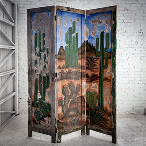 3 Panel Mexican Folk Weathered Mesquite Room Divider Screen