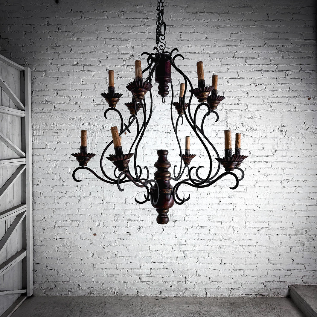 Spanish Colonial Iron & Wood Chandelier