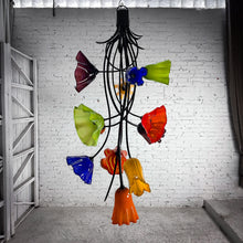 Load image into Gallery viewer, Eclectic Multi-Color Glass Flower &amp; Iron Pendant Chandelier
