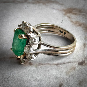 Vintage Art Deco 14k White Gold Emerald & Diamond Cocktail Ring