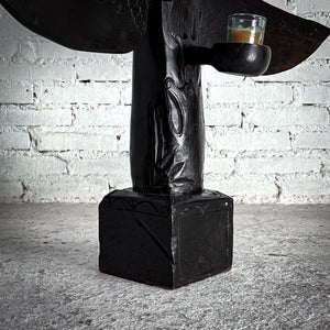Folk Art Hand Carved Stained Wood Candleholder