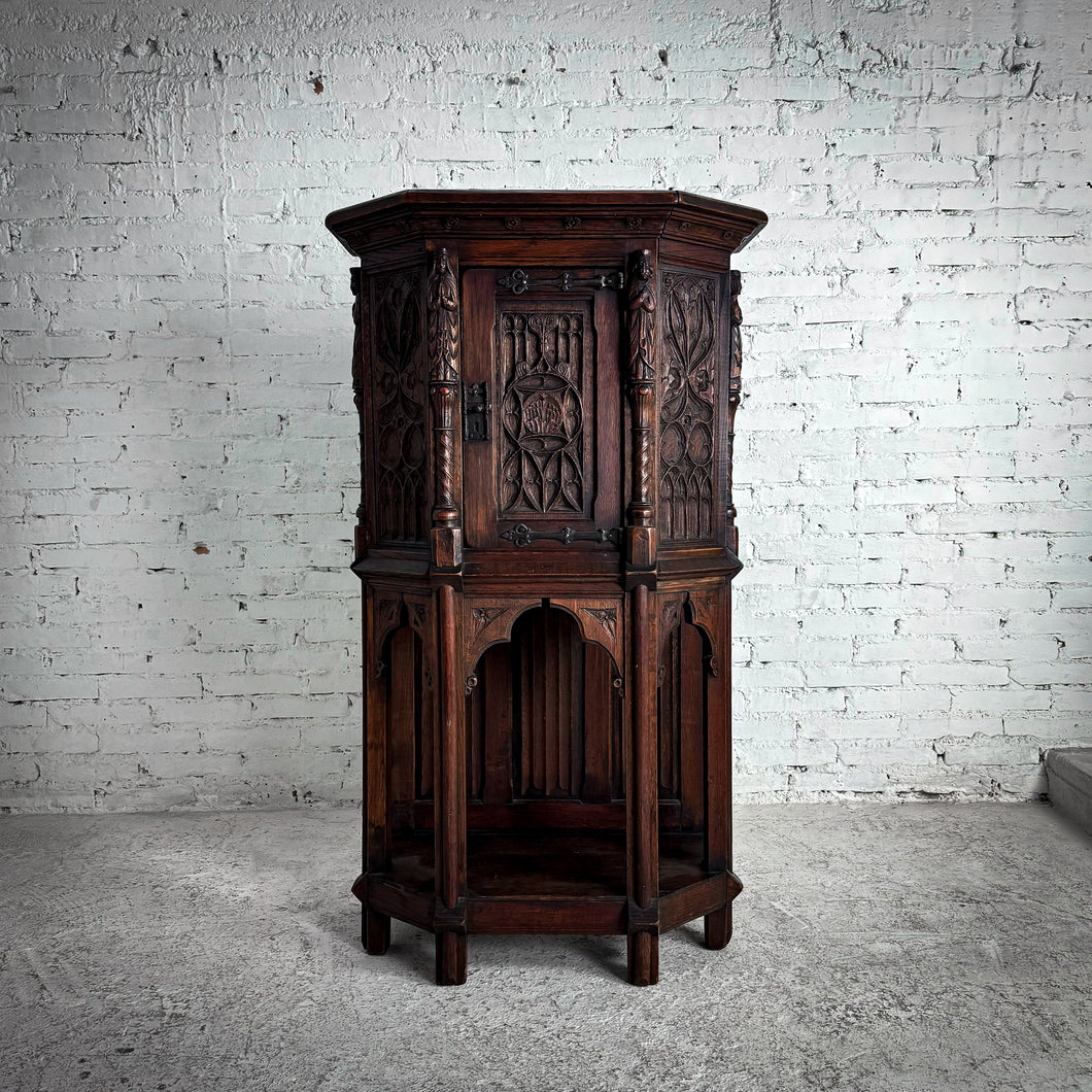19th C. French Gothic Revival Carved Wood Storage Cabinet