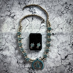 20th C. Squash Blossom Silver Turquoise Necklace