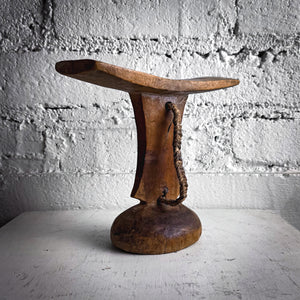 Mid Century African Wood & Leather Headrest Ethnic Arts