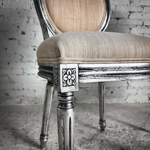 Set of 2 Louis XVI Linen Silver Leaf Seashell Accent Chair