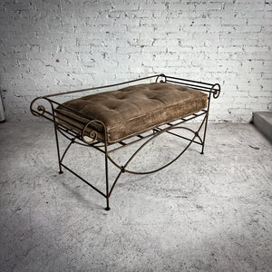 Hollywood Regency Velvet Cushioned Iron Bench