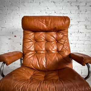 Mid-Century Modern Leather Button-Tufted Chrome Lounge Chair