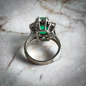 Vintage Art Deco 14k White Gold Emerald & Diamond Cocktail Ring