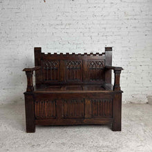 Load image into Gallery viewer, Gothic Revival Carved Oak Storage Settle Bench
