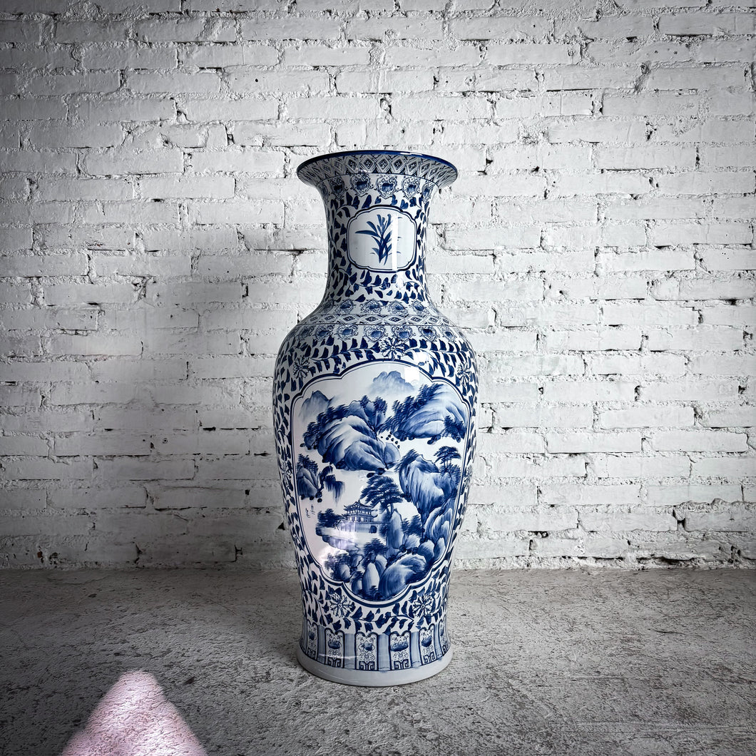 Large Chinoiserie Blue & White Porcelain Floor Vase