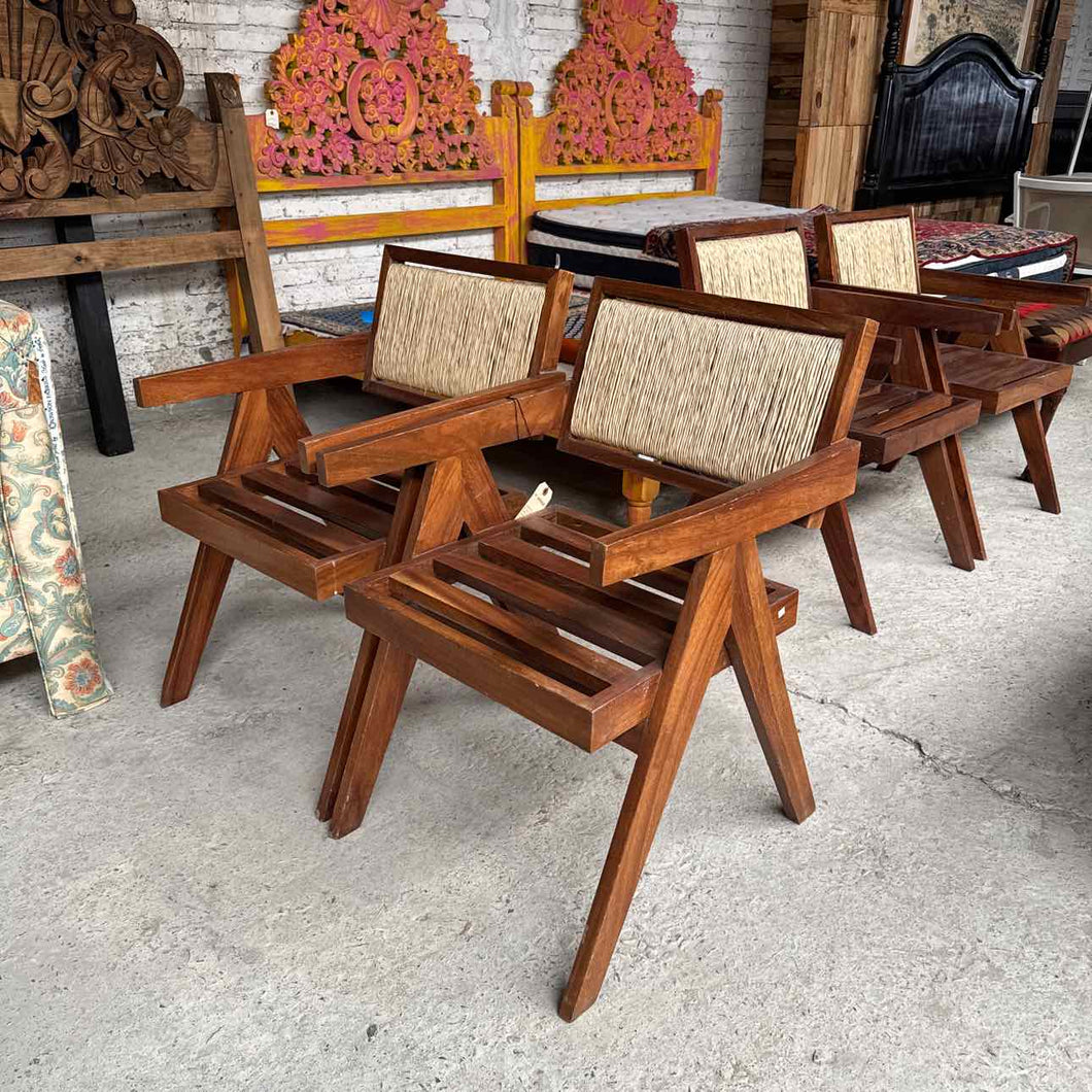Set of 4 Mid-Century Style Raffia & Wood Dining Chair