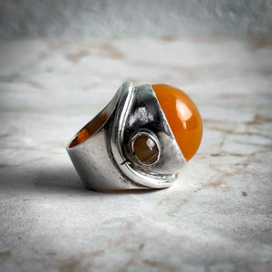 Modernist Sterling Silver Amber Cocktail Ring