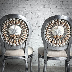 Set of 2 Louis XVI Linen Silver Leaf Seashell Accent Chair