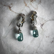 Load image into Gallery viewer, 20th Century Belle Epoque Platinum Dipped Yellow Gold Aquamarine Drop Earrings

