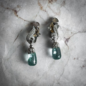 20th Century Belle Epoque Platinum Dipped Yellow Gold Aquamarine Drop Earrings