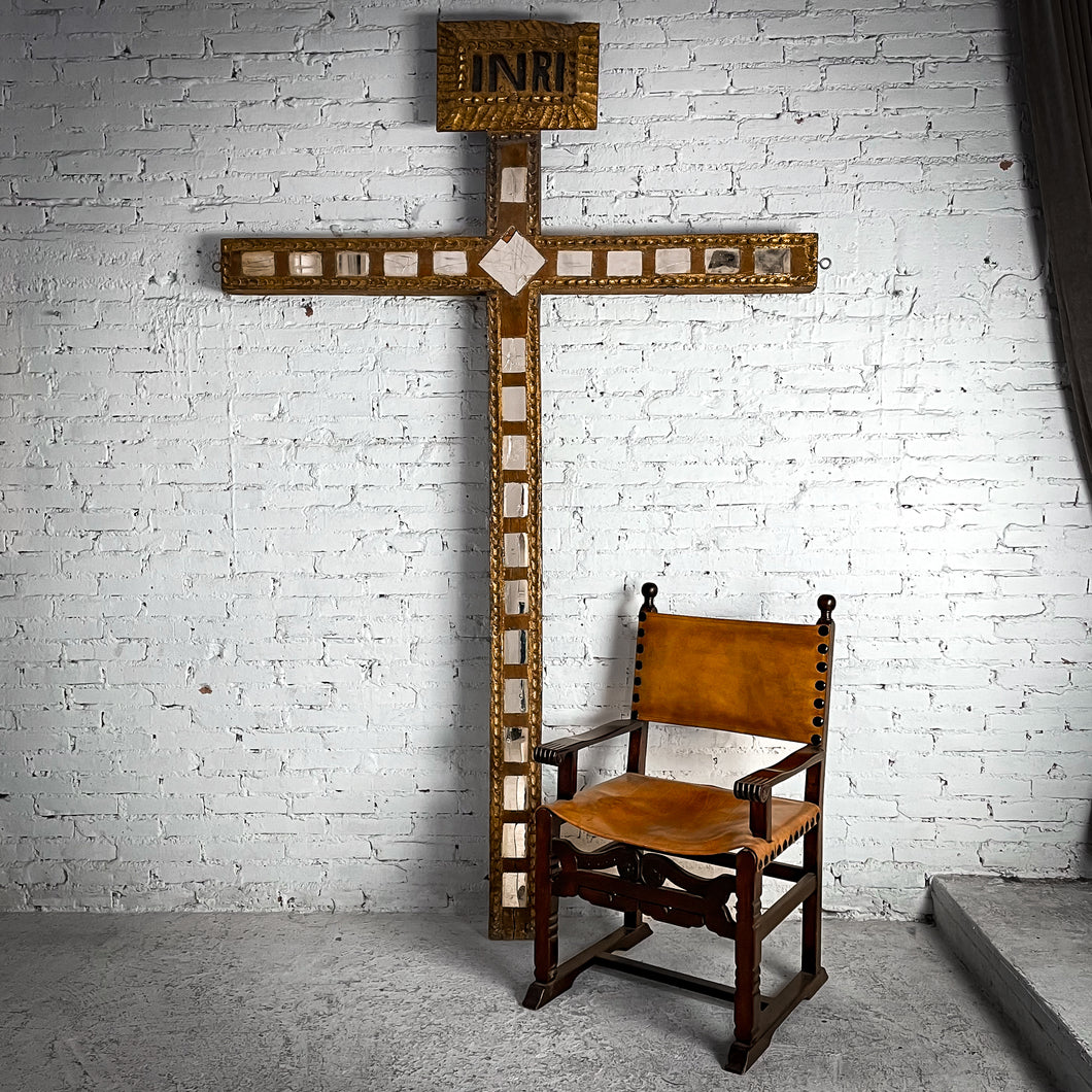 Vintage Monumental Religious Mirrored Hardwood Cross Architectural Element