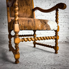 Load image into Gallery viewer, Spanish Colonial Revival Cowhide Wood Armchair
