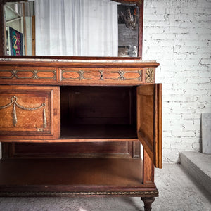 Neoclassical Revival Veneer Wood & Marble Mirrored Sideboard
