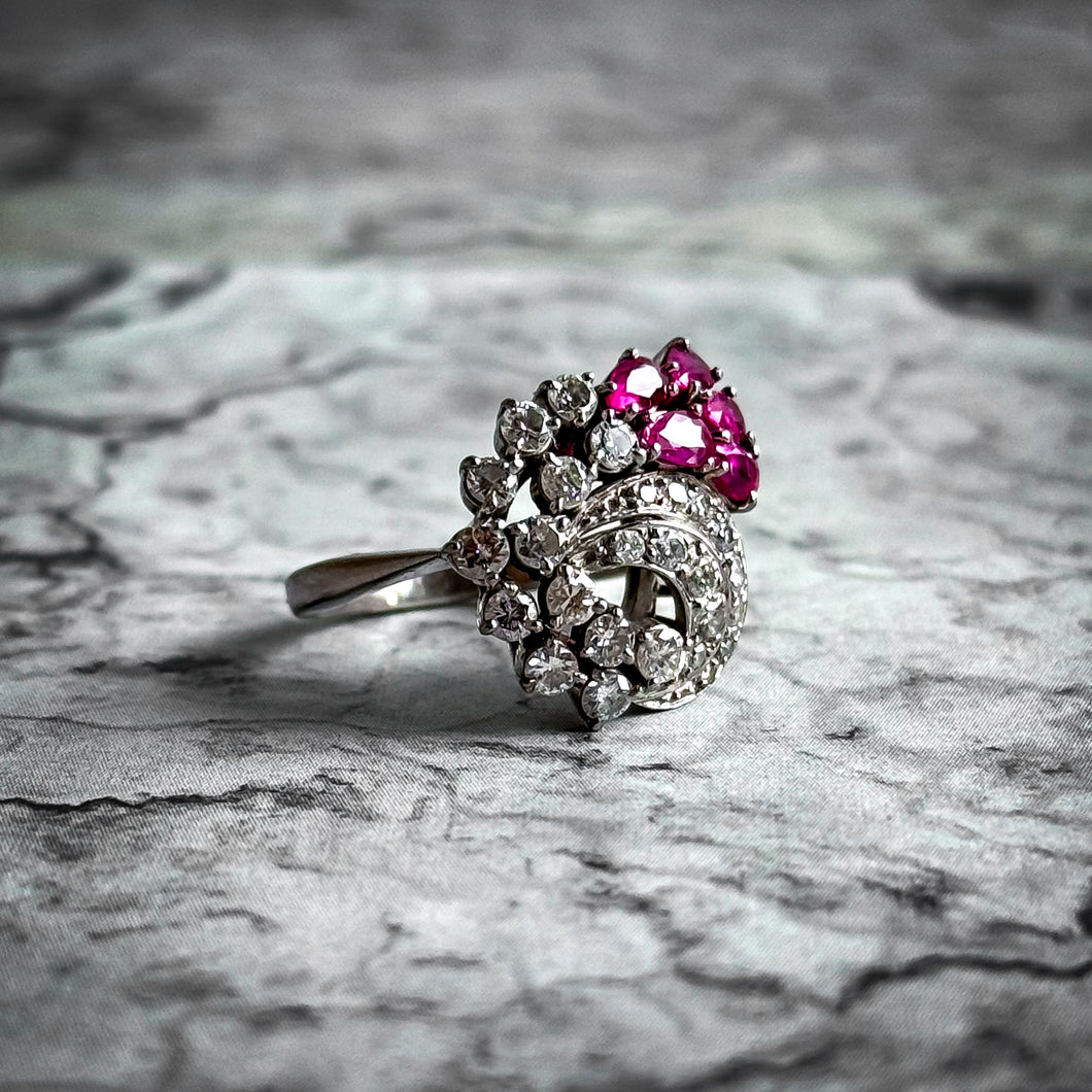 Vintage 14k White Gold Rubies & Diamonds Cocktail Ring