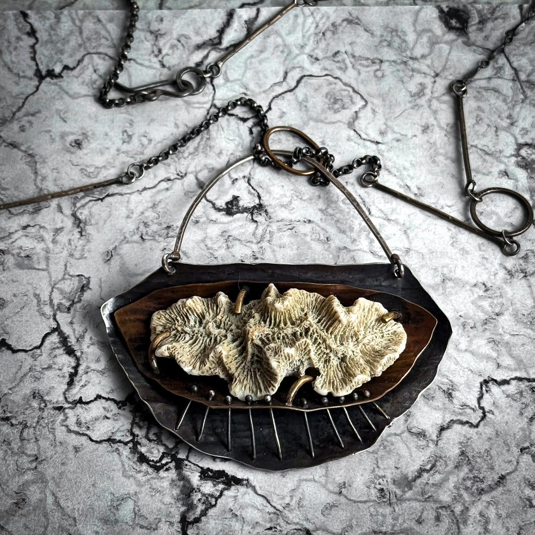 Contemporary Artisan Mixed Metals Fossil Pendant Necklace
