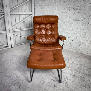 Mid-Century Modern Leather Button-Tufted Chrome Lounge Chair