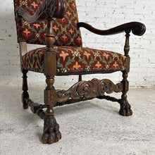 Load image into Gallery viewer, Renaissance Revival Carved Wood Armchair with Fleur-de-Lis Upholstery
