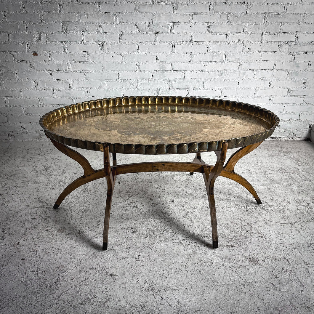 Moroccan Engraved Brass & Wood Cocktail Table