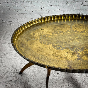 Moroccan Engraved Brass & Wood Cocktail Table