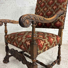 Load image into Gallery viewer, Renaissance Revival Carved Wood Armchair with Fleur-de-Lis Upholstery
