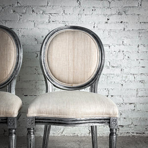 Set of 2 Louis XVI Linen Silver Leaf Seashell Accent Chair
