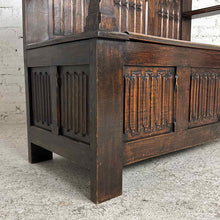 Load image into Gallery viewer, Gothic Revival Carved Oak Storage Settle Bench
